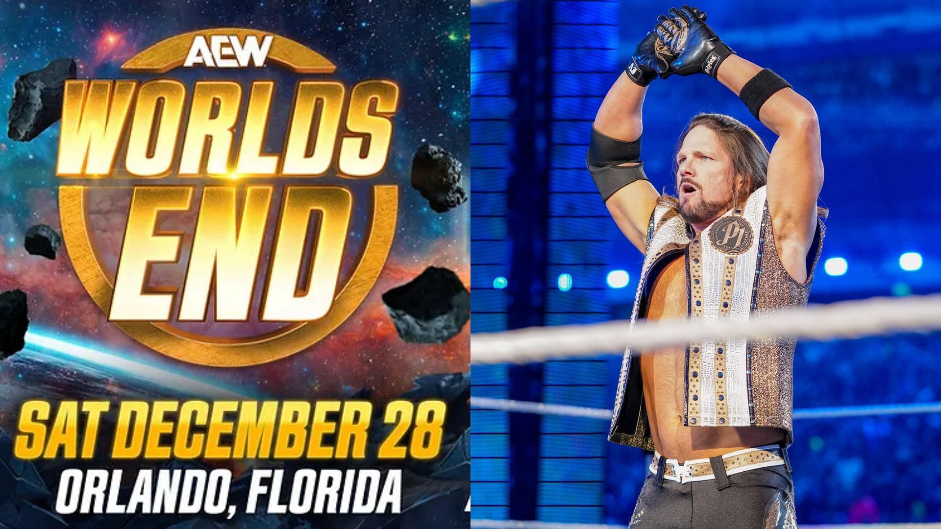 AEW Worlds End logo (left) and AJ Styles (right). (Image credits: wwe.com &amp; aew.com)