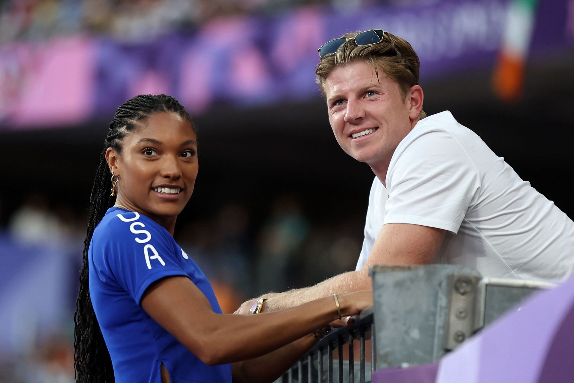 Tara Davis-Woodhall with husband Hunter Woodhall during the Olympic Games 2024 in Paris, France. (Photo by Getty Images)