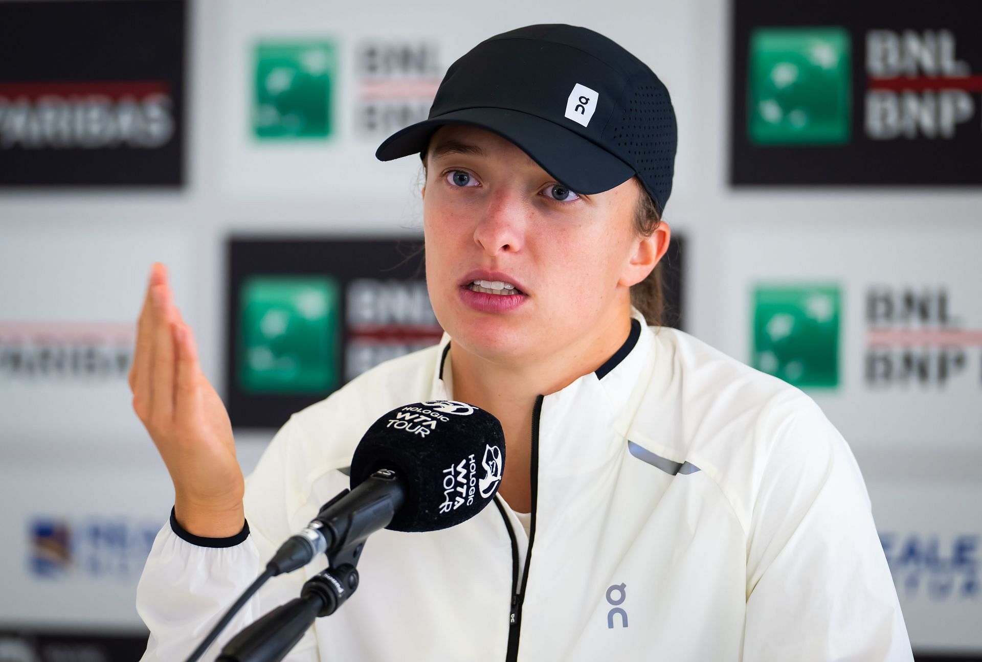 Iga Swiatek speaking to the media [Source: Getty]