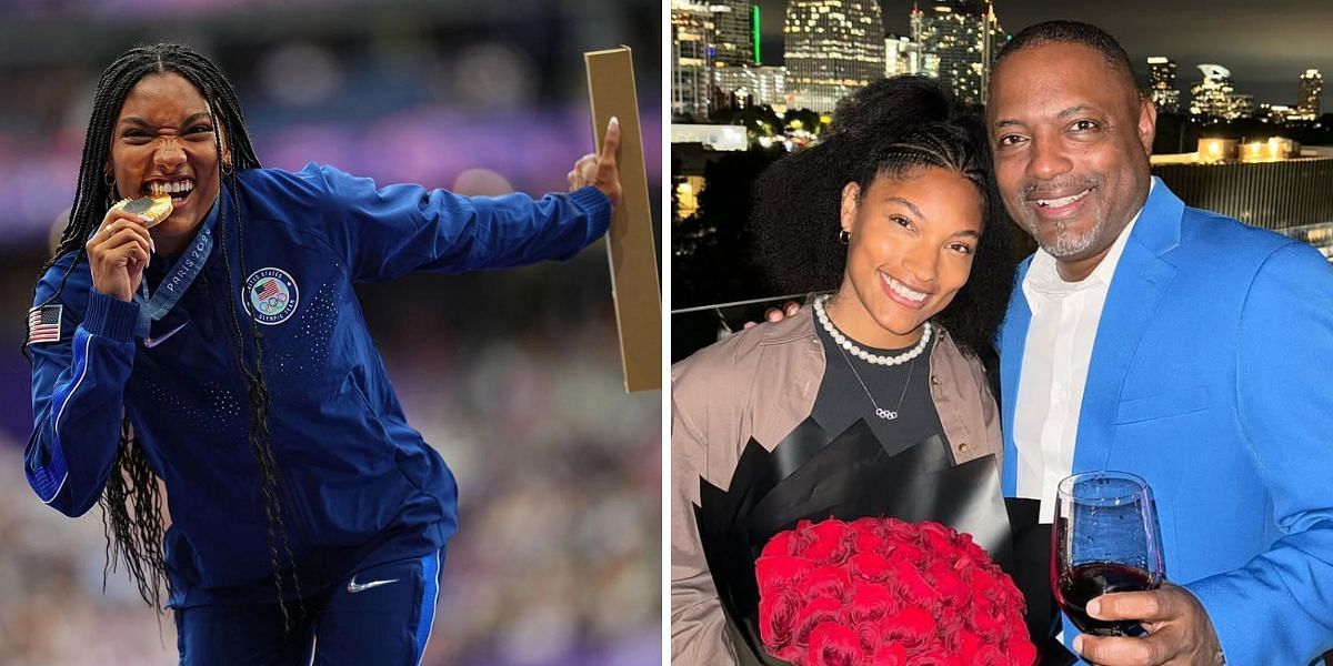 Tara Davis-Woodhall sends dad to watch SEC Championship match. PHOTO: Getty (L), Instagram - @blacknose_ (R)