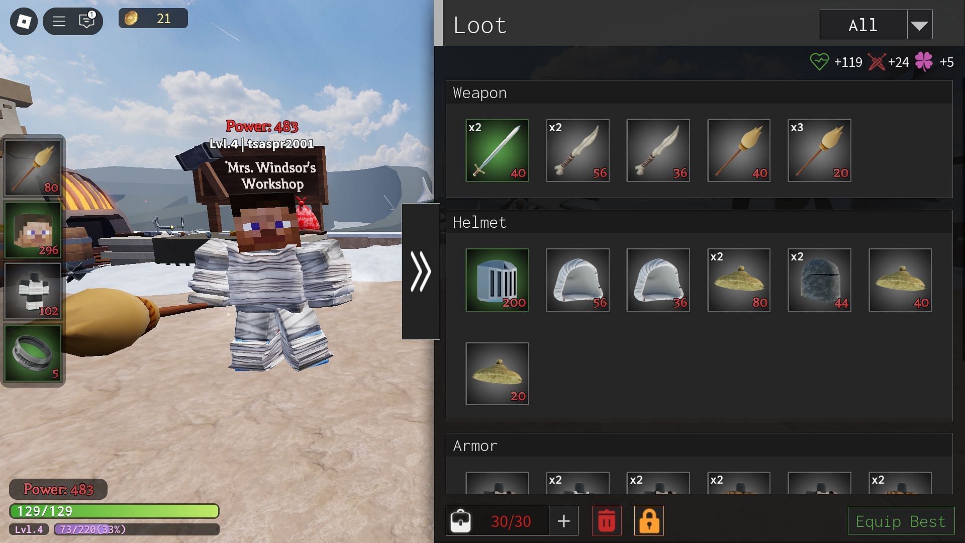 Equip the best loot to increase your total power (Image via Roblox)