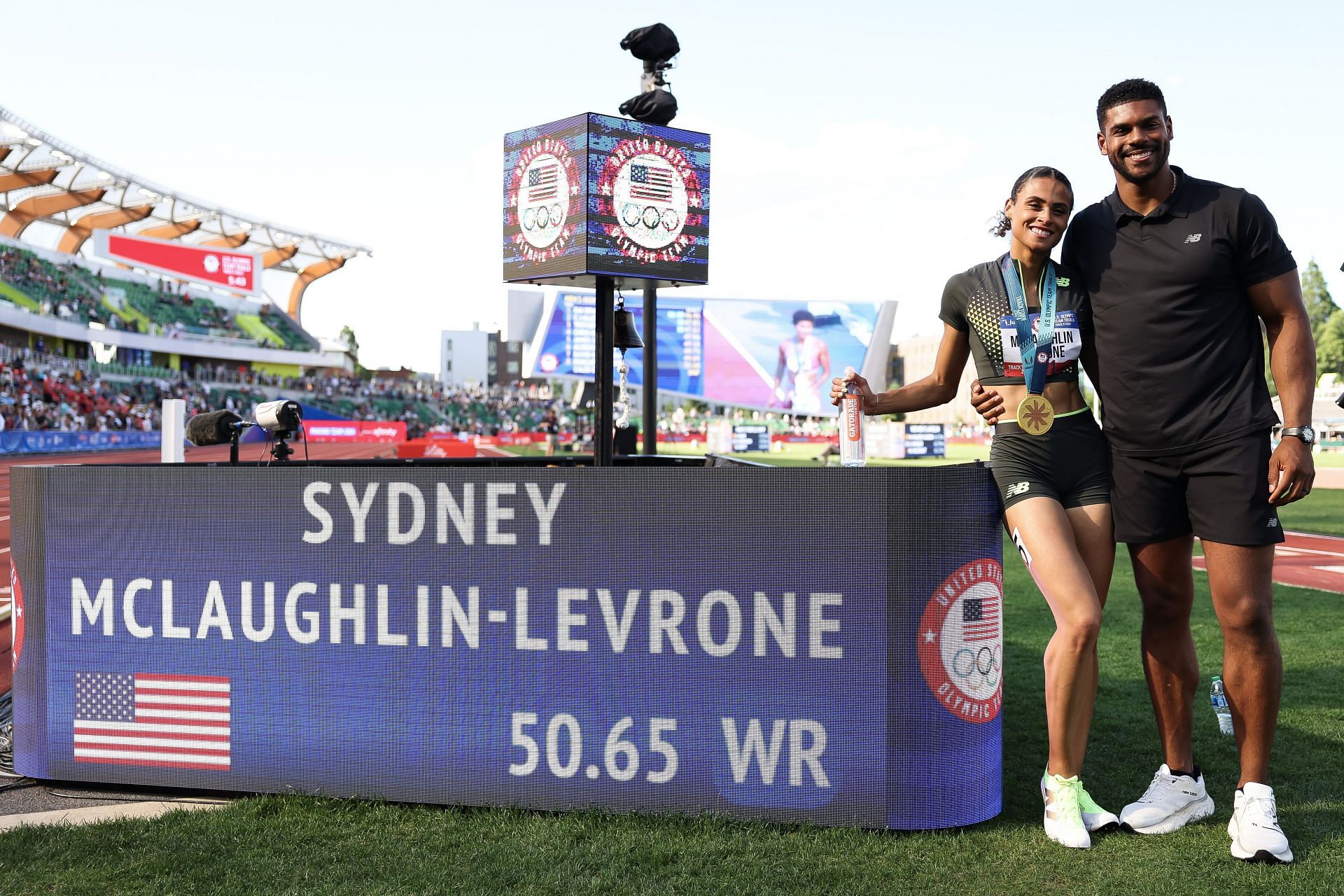 Sydney McLaughlin-Levrone and Andre Levrone at the 2024 U.S. Olympic Team Track and Field Trials (Photo by Patrick Smith/Getty Images)