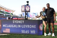 Sydney McLaughlin-Levrone and Andre Levrone at 2024 U.S. Olympic Team Track & Field Trials (Photo by Patrick Smith/Getty Images)