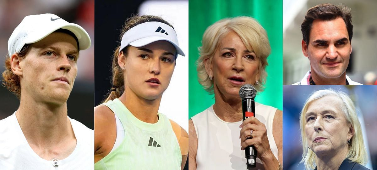 (Left to Right) Jannik Sinner, Anna Kalinskaya, Chris Evert, Roger Federer (Top Right), Martina Navratilova (Bottom Right) [Image source: Getty]