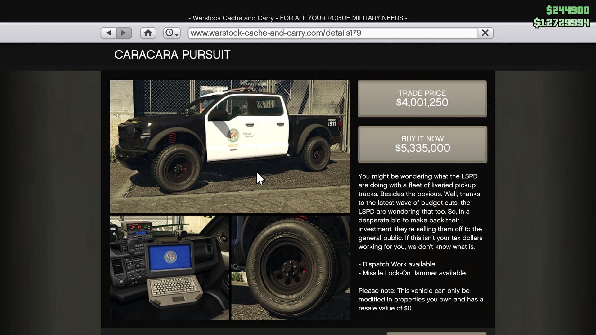 Caracara Pursuit&#039;s page on Warstock Cache and Carry (Image via Rockstar Games)