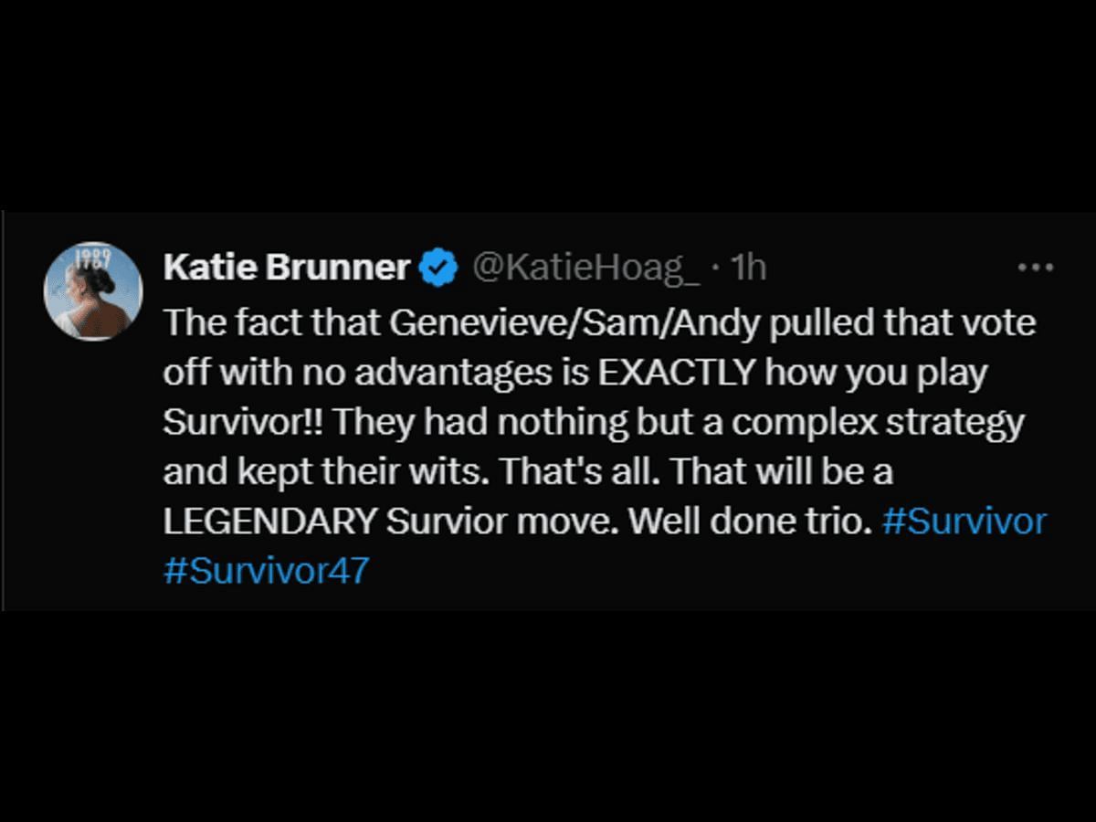 A fan reacts to Andy, Sam, and Genevieve&#039;s gameplay (Image via X/@KatieHoag_)