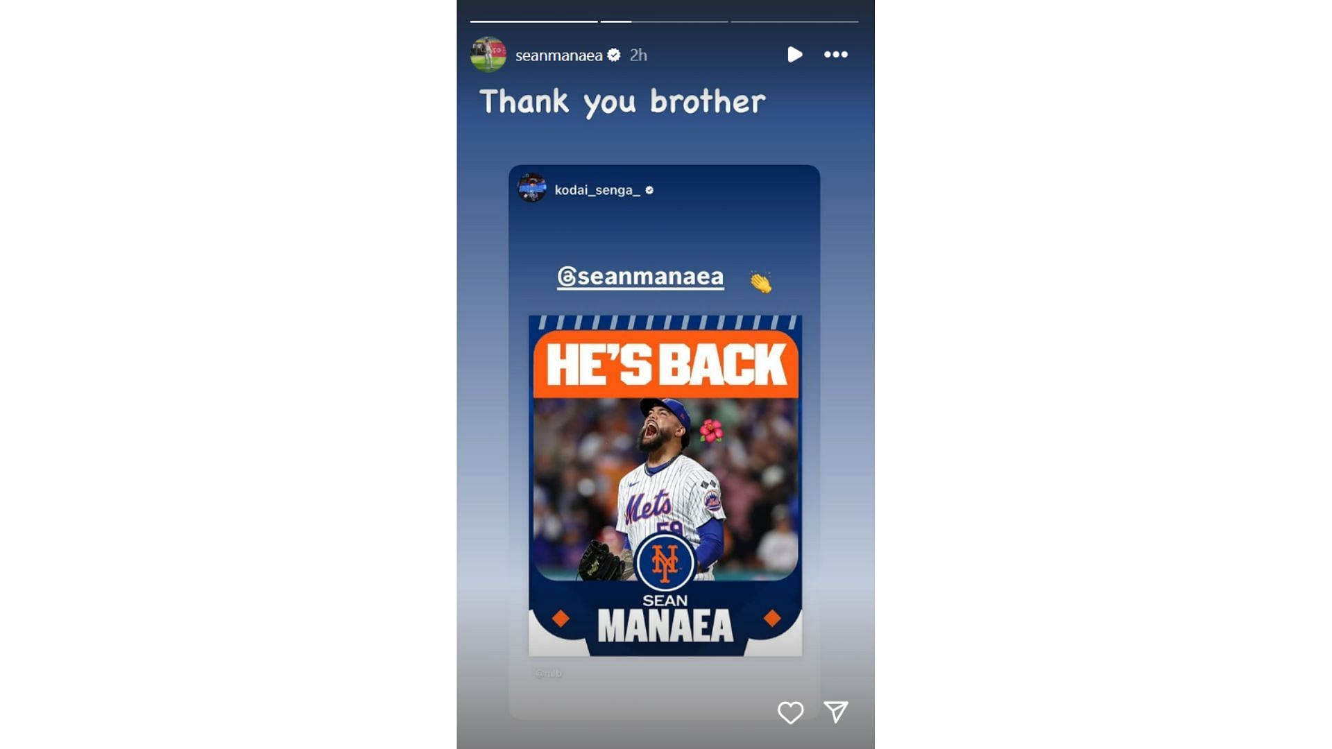 Sean Manaea&#039;s Instagram story featuring Kodai Senga&#039;s appreciation of him (Source: Instagram @seanmanaea)