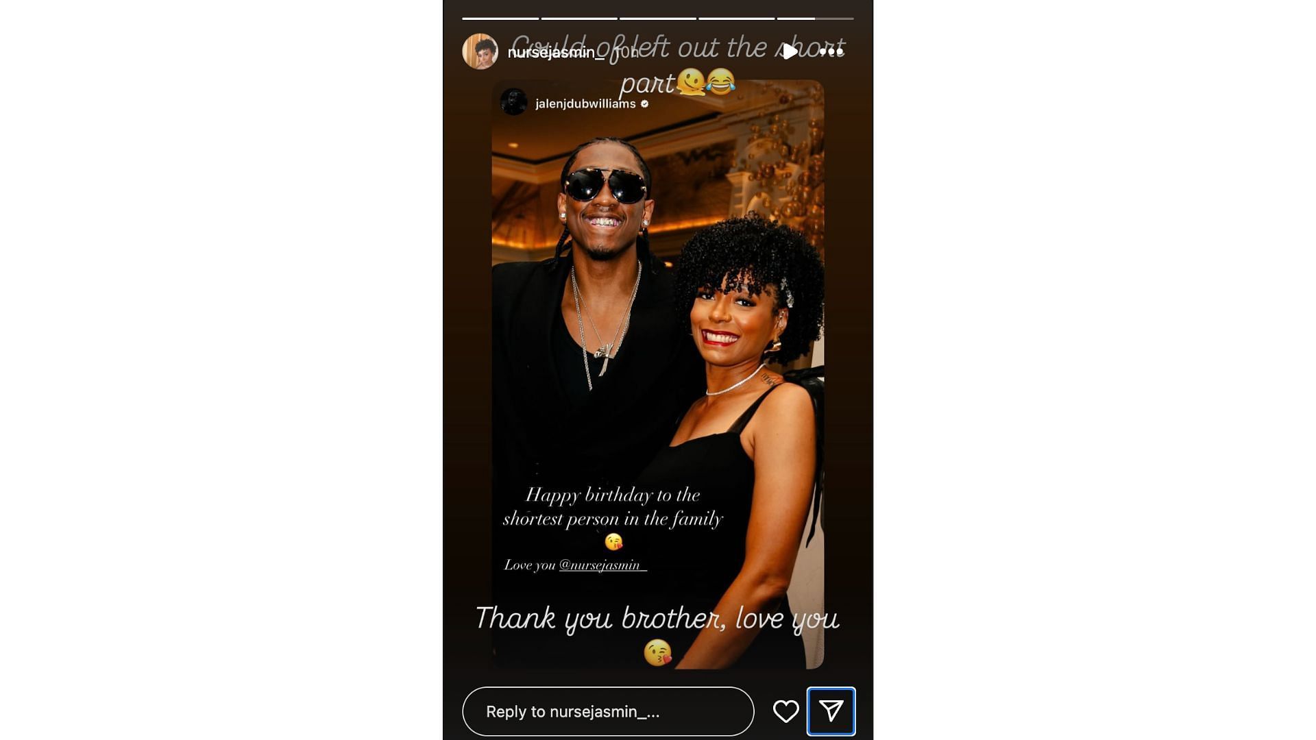 Jasmine Williams responds to her brother Jalen Williams&#039; playful birthday wish. Photo Credit: Jasmine Williams&#039; IG account.