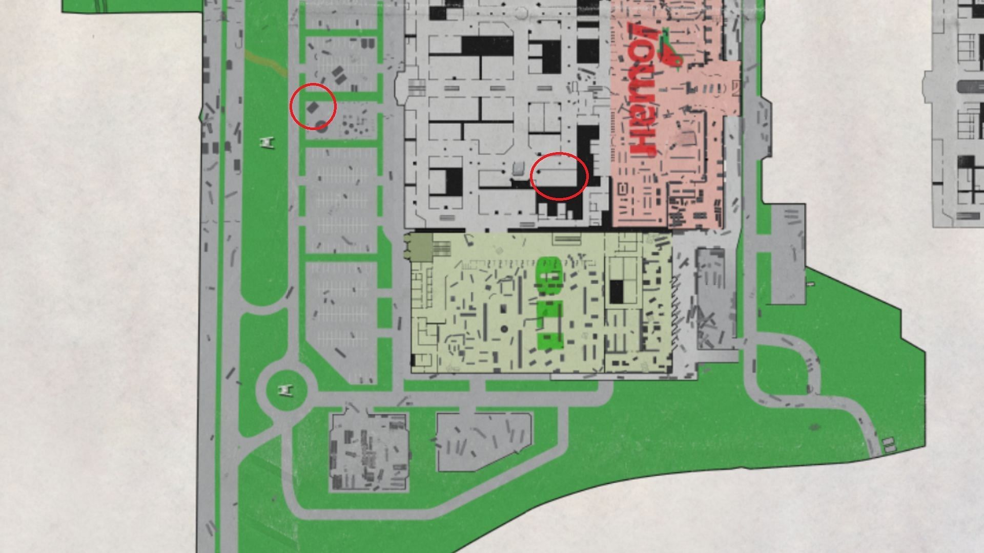 The two spots you need to visit to plant the items on Interchange (Image via Battlestate Games || Map Genie)