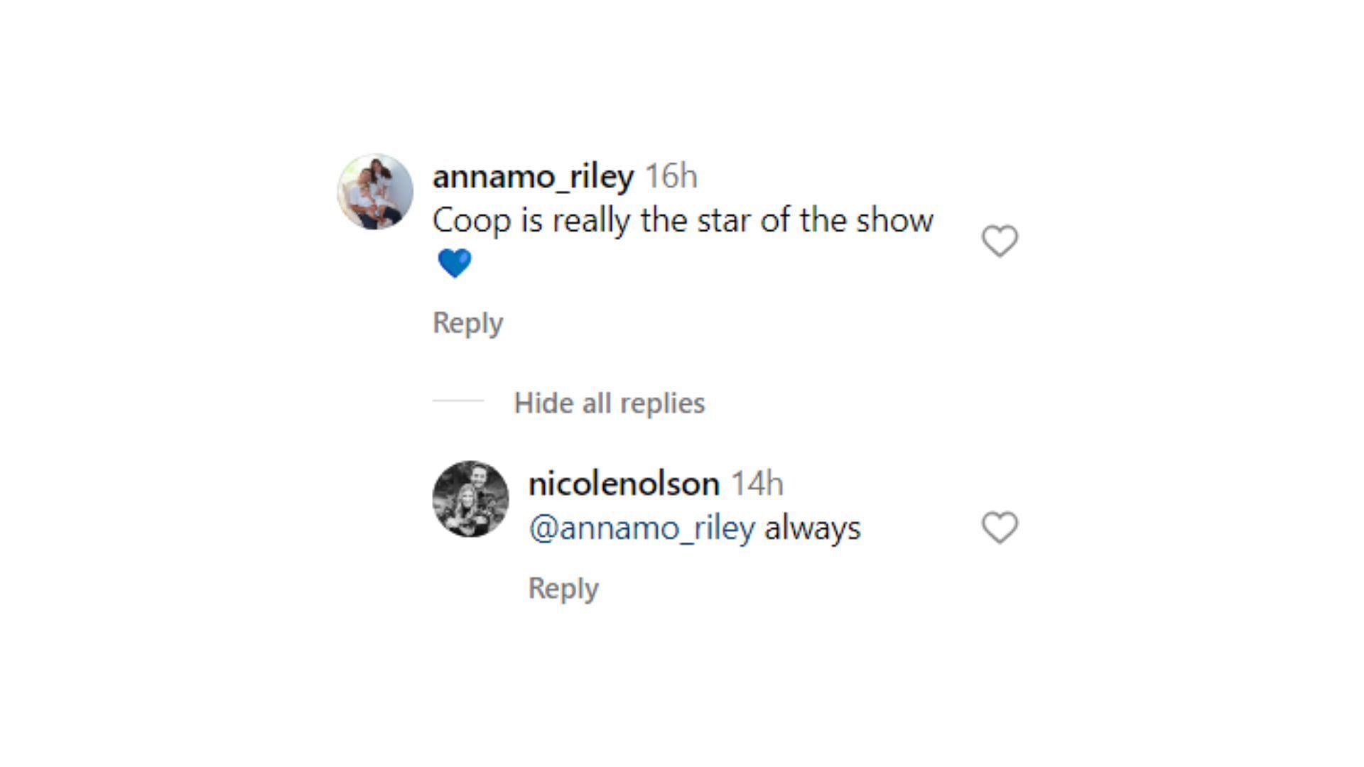 Anna Riley&#039;s comment on Matt Olson and Nicole Olson&#039;s maternity post (Source: Instagram @mollywhitephoto)