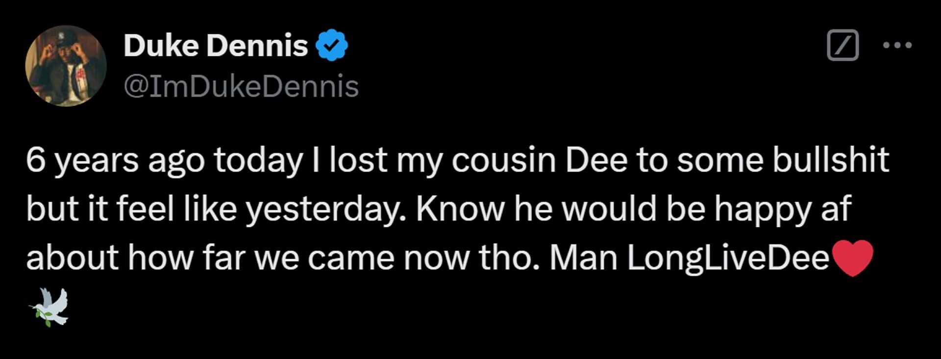 Duke Dennis dedicates post to late cousin Dee (Image via X/@ImDukeDennis)