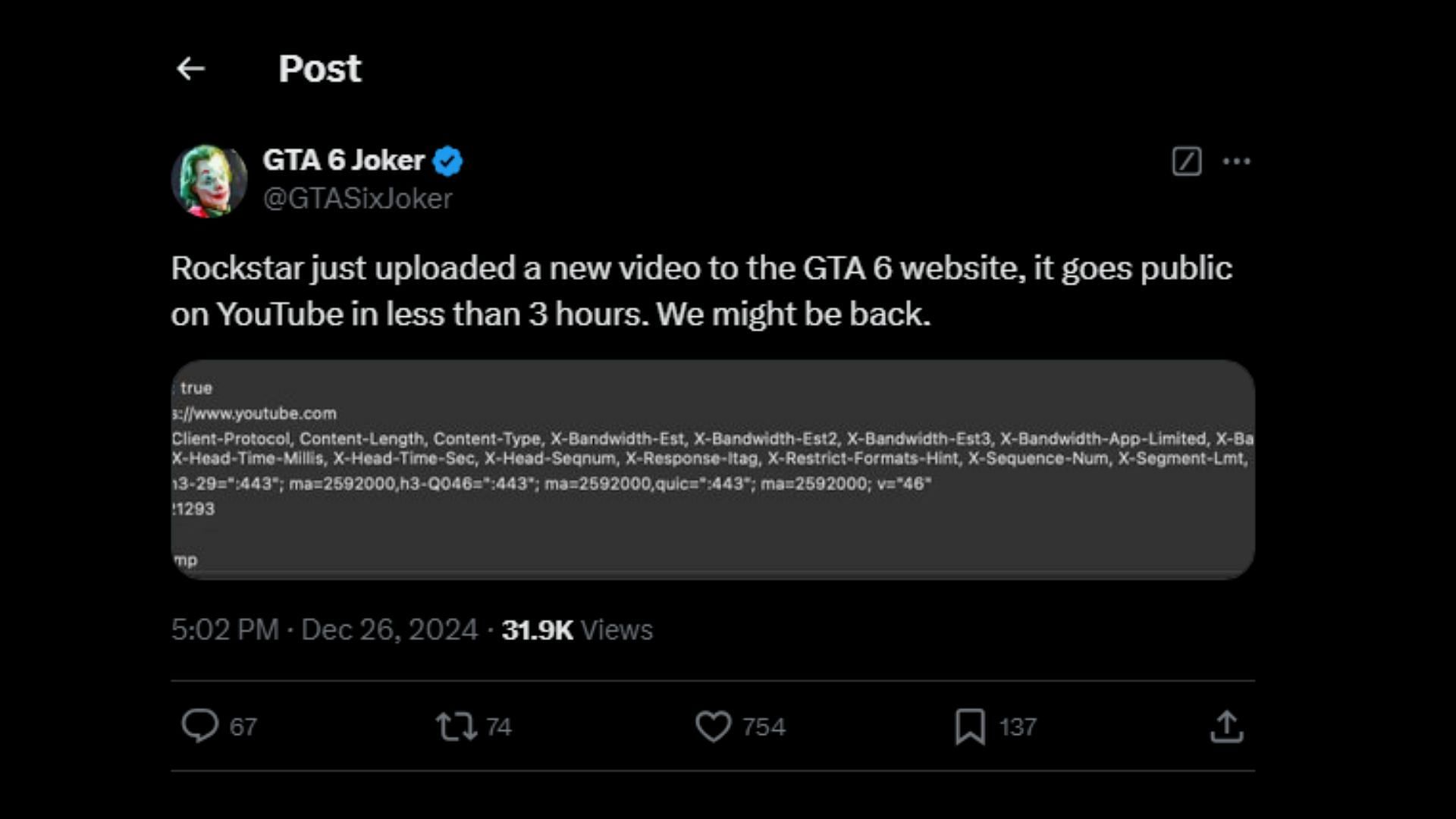 X user claims new GTA 6 video could go live on YouTube soon 1/2 (Image via X/@GTASixJoker)