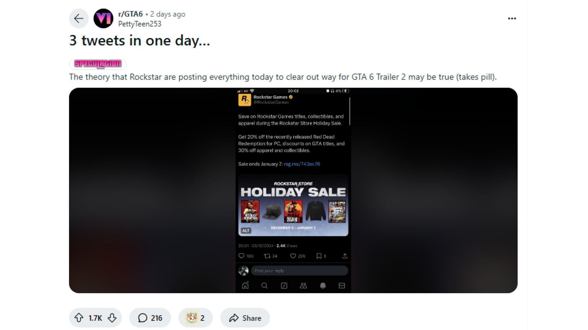 Fan speculates about Rockstar&#039;s three tweets in a single day (Image via Reddit/u/PettyTeen253)