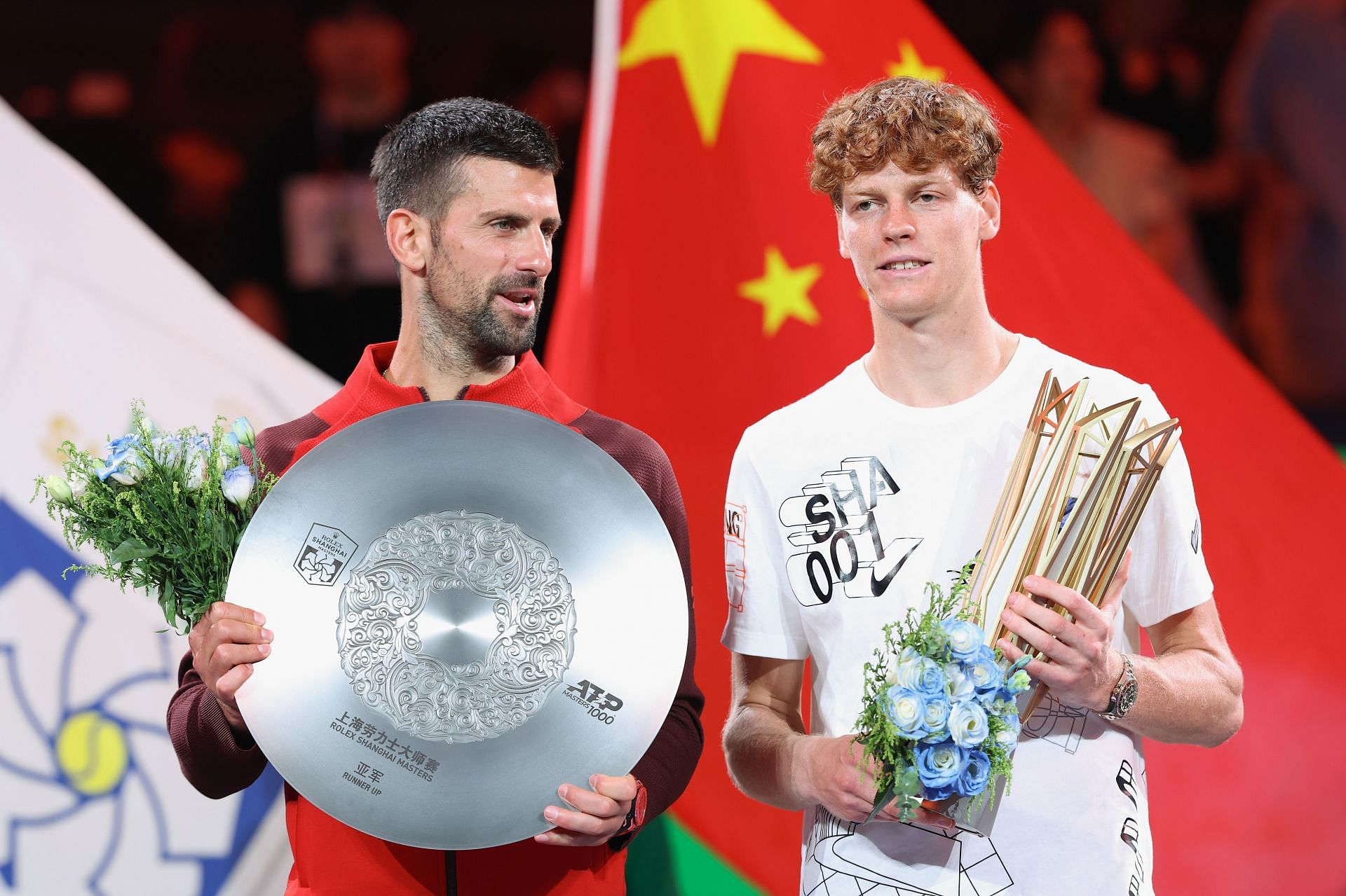 Novak Djokovic and Jannik Sinner at the 2024 Shanghai Rolex Masters - Day 14 (Finals) (Source: Getty)