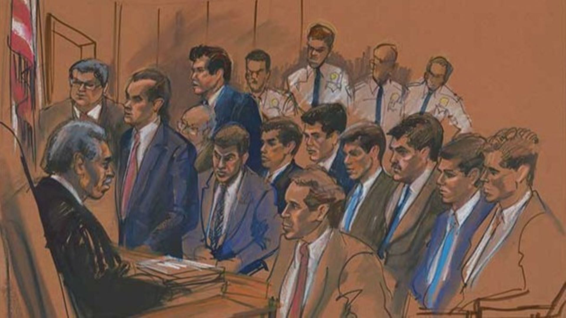 A courtroom sketch of Yusuf Hawkins&#039; 1989 trial in the Supreme Court (image via Library of Congress)