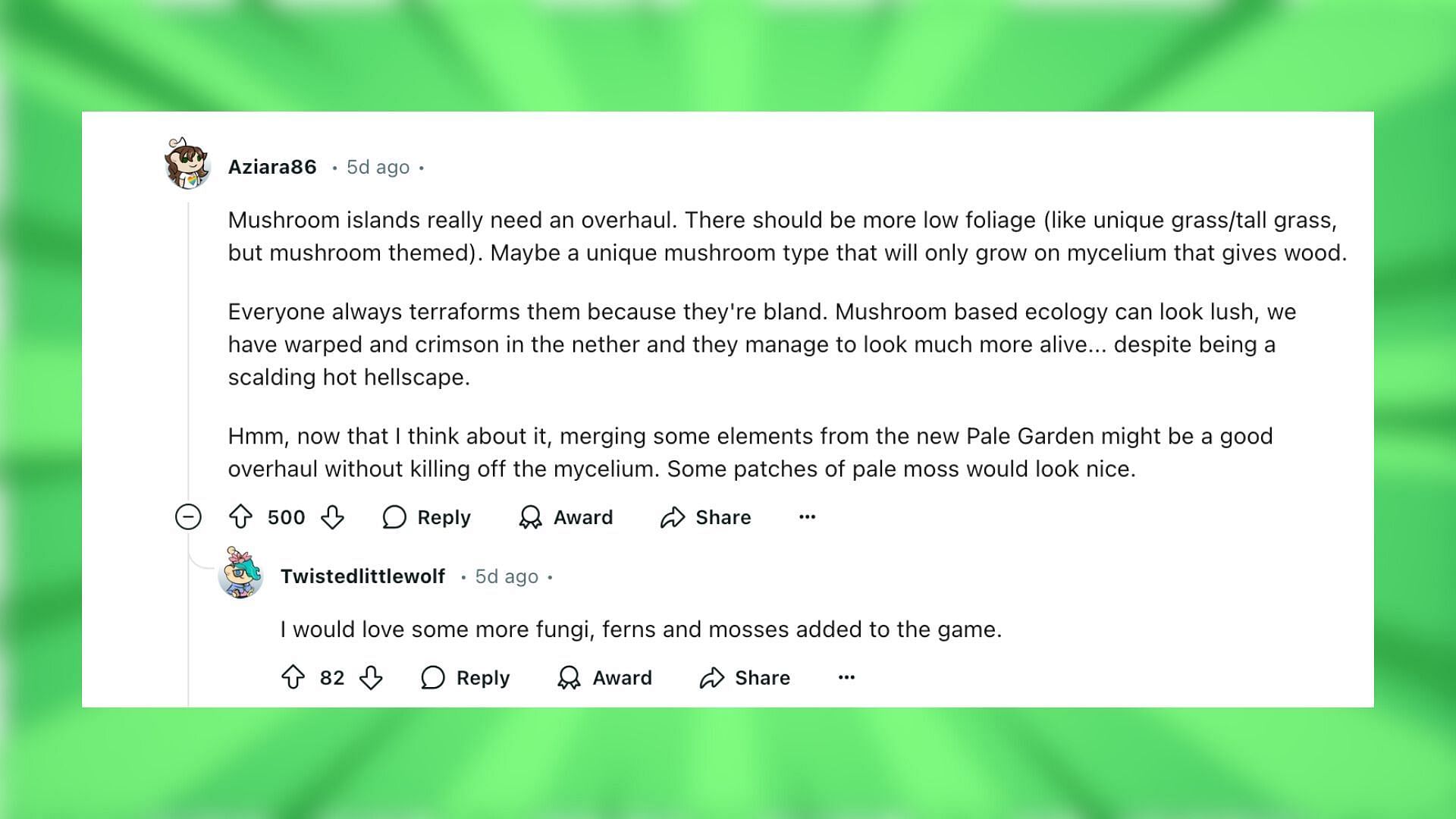 Redditors give suggestions to improve the mushroom island biome (Image via Reddit)