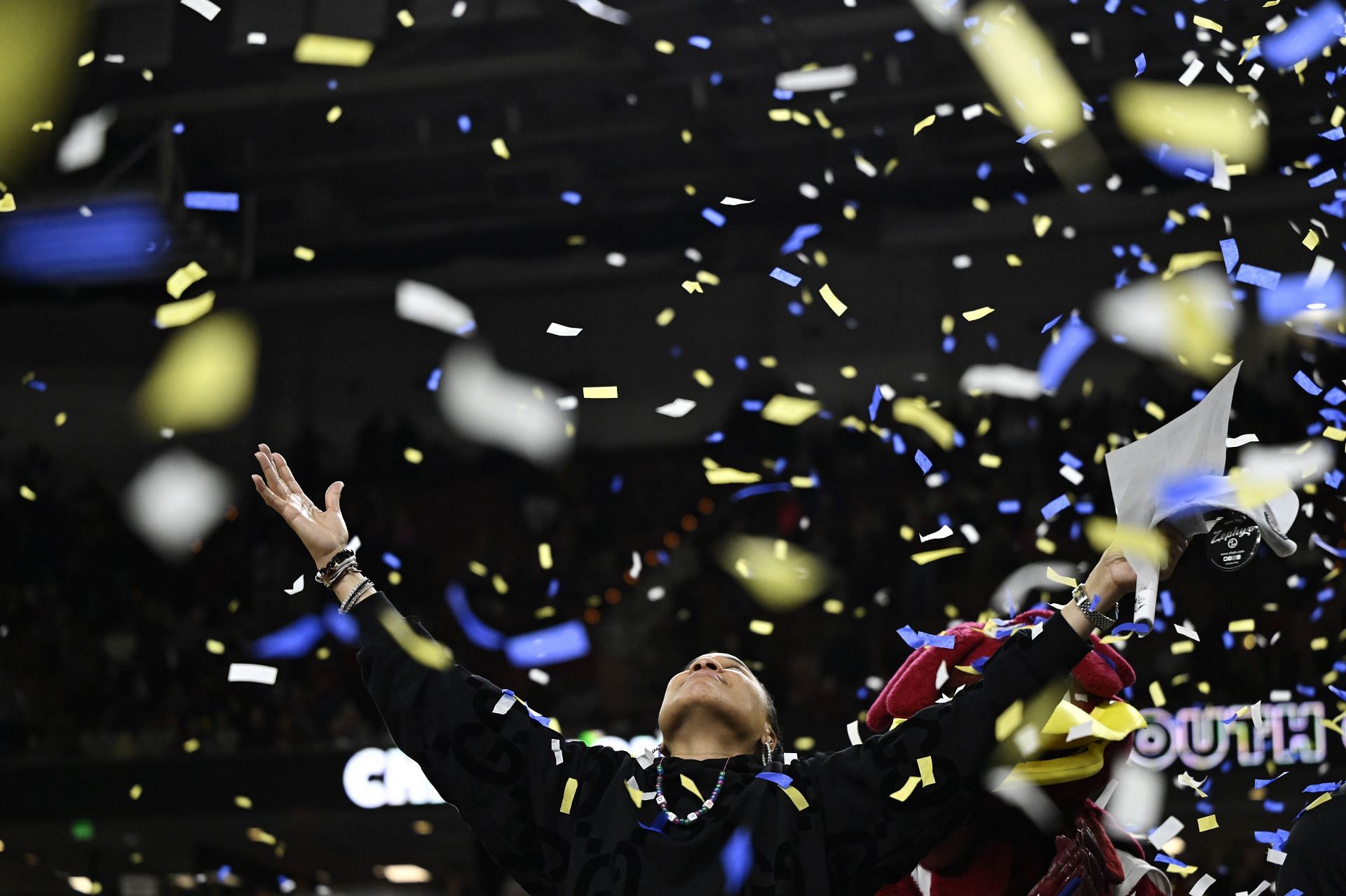 Dawn Staley celebrates South Carolina&#039;s victory over LSU Lady Tigers to win the SEC Tournament in the 2023-24 season. [Credits: Getty]