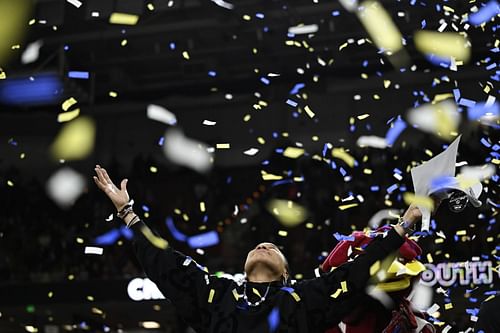 Dawn Staley celebrates South Carolina's victory over LSU Lady Tigers to win the SEC Tournament in the 2023-24 season. [Credits: Getty]