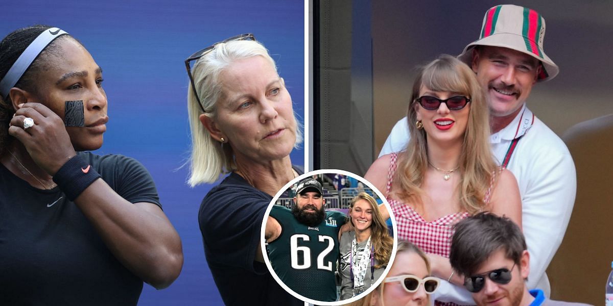 Serena Williams and Rennae Stubbs (left, Source: Getty), Taylor Swift and Travis Kelce (right, Source: Getty), Jason Kelce and Kylie Kelce (bottom center, Source: Instagram/Kylie Kelce)