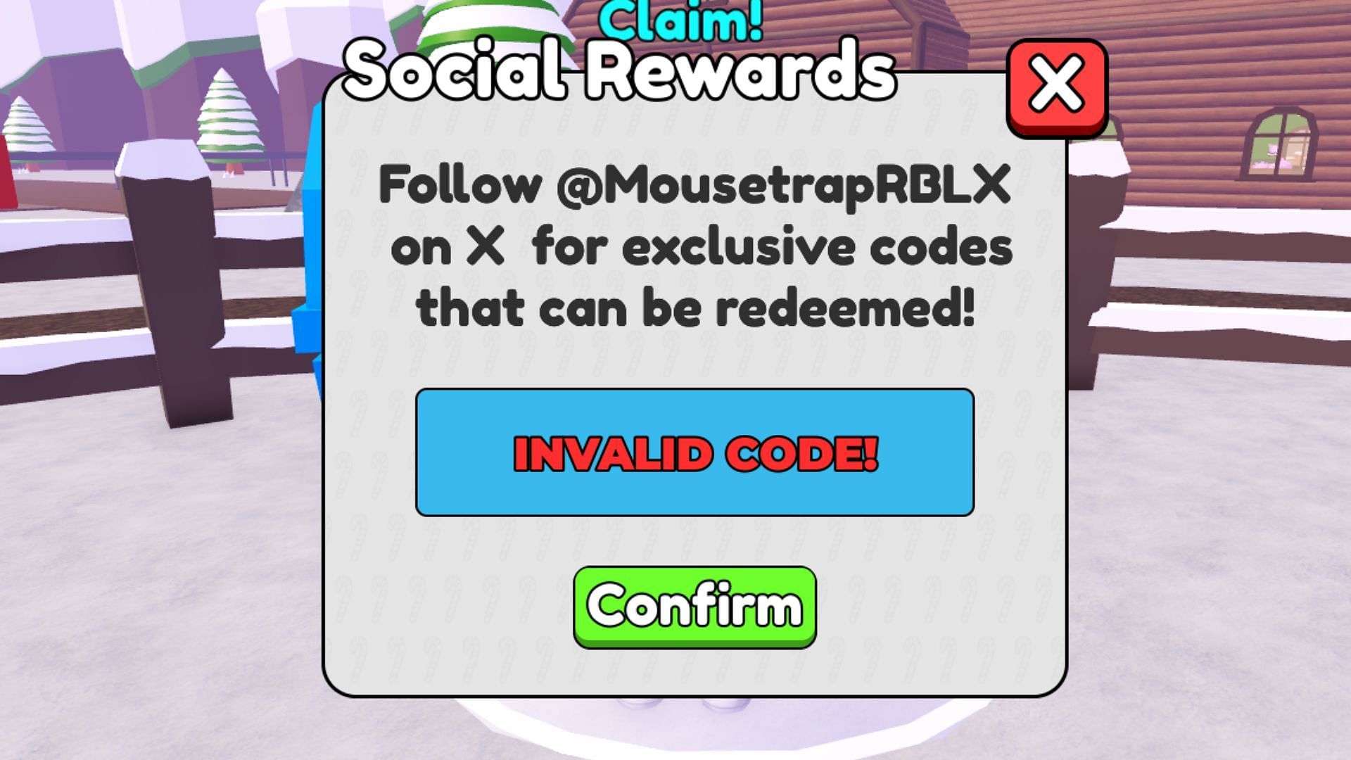 An invalid code in Christmas Tycoon (Image via Roblox)