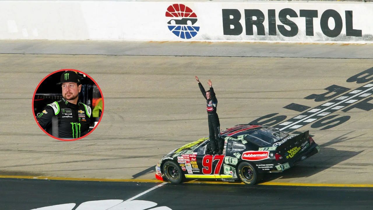 In Picture: Kurt Busch after winning the 2002 Food City 500 (foreground). Credit: Getty and Kurt Busch (circle). Credit: Imagn.