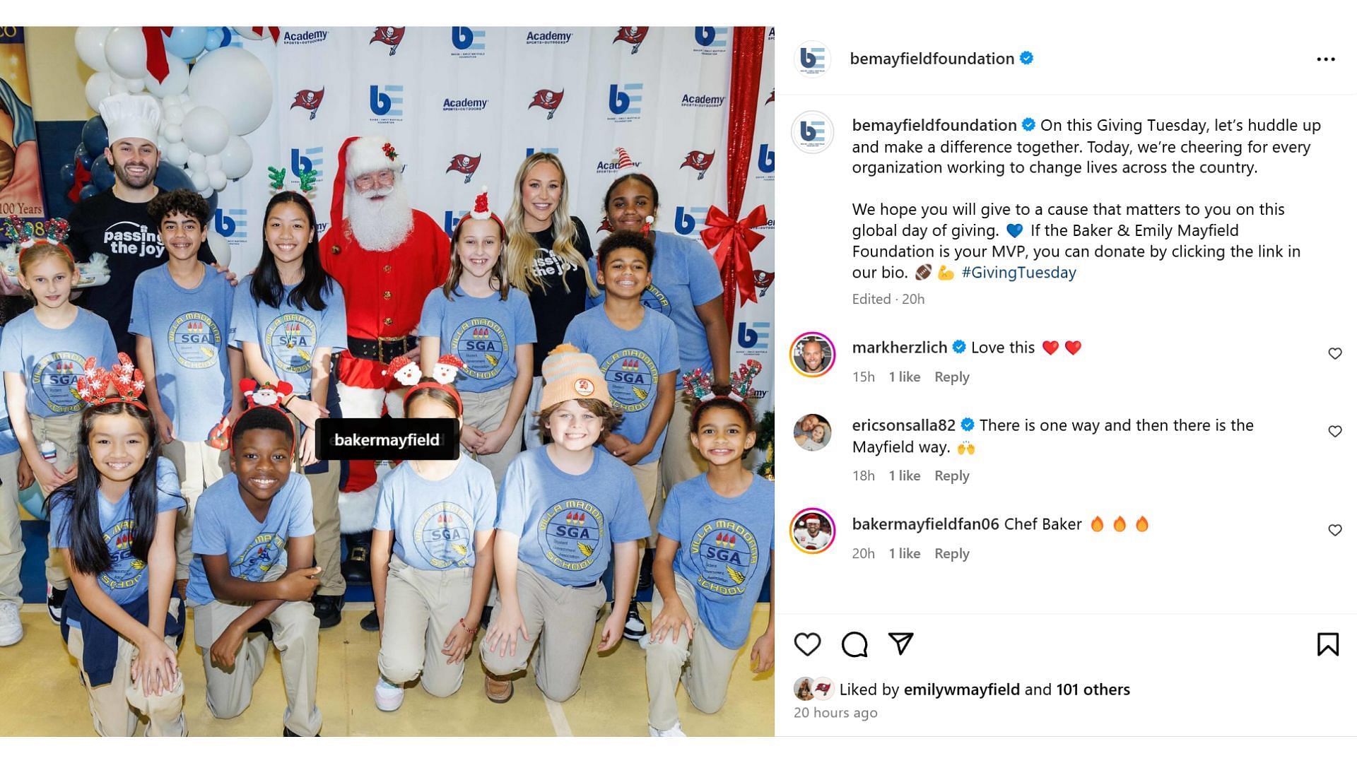 Baker Mayfield and wife Emily celebrate pre-Christmas with their non-profit organization&#039;s event [Image credit: @bemayfieldfoundation IG]