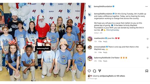 Baker Mayfield and wife Emily celebrate pre-Christmas with their non-profit organization's event [Image credit: @bemayfieldfoundation IG]