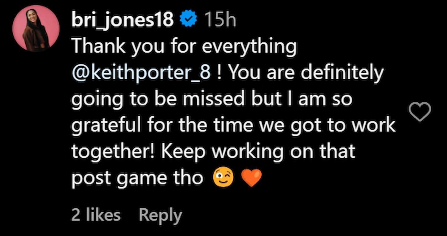 Brionna Jones message for Keith Porter, who is joining Caitlin Clark and the Indiana Fever (Credits: IG/Keith Porter)