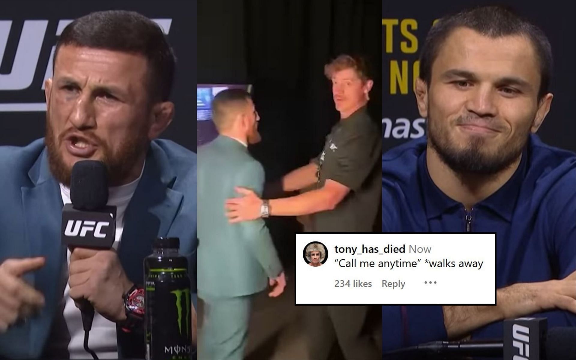 Fans react (insert) to Merab Dvalishvili (left) and Umar Nurmagomedov (right) confronting each other (middle) at the UFC 311 presser. [Image credit: @espnmma on Instagram, UFC on YouTube]