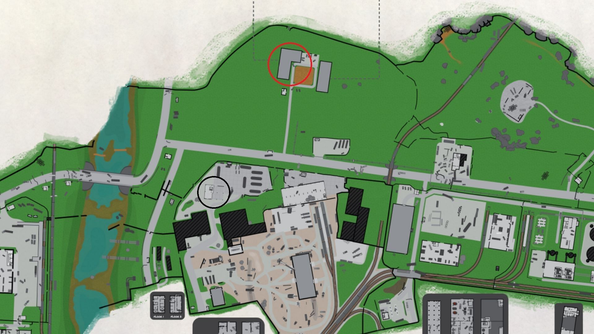 The three-story dorm (Red Circle) and Old Construction (Black Circle) location on Customs (Image via Battlestate Games II Map Genie)