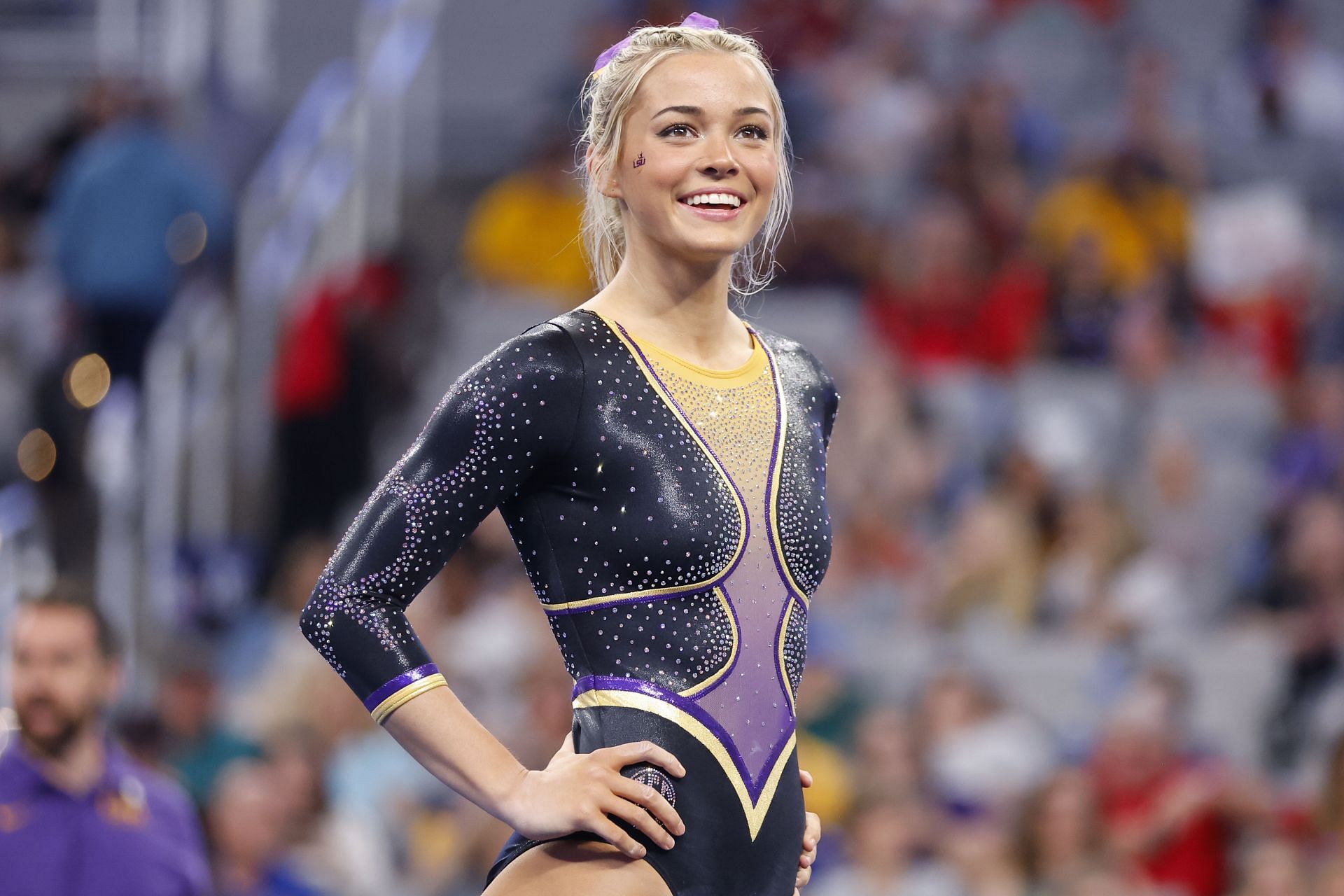 Olivia Dunne smiling at the 2024 NCAA Division I Women&#039;s Gymnastics Championships - (Source: Getty)