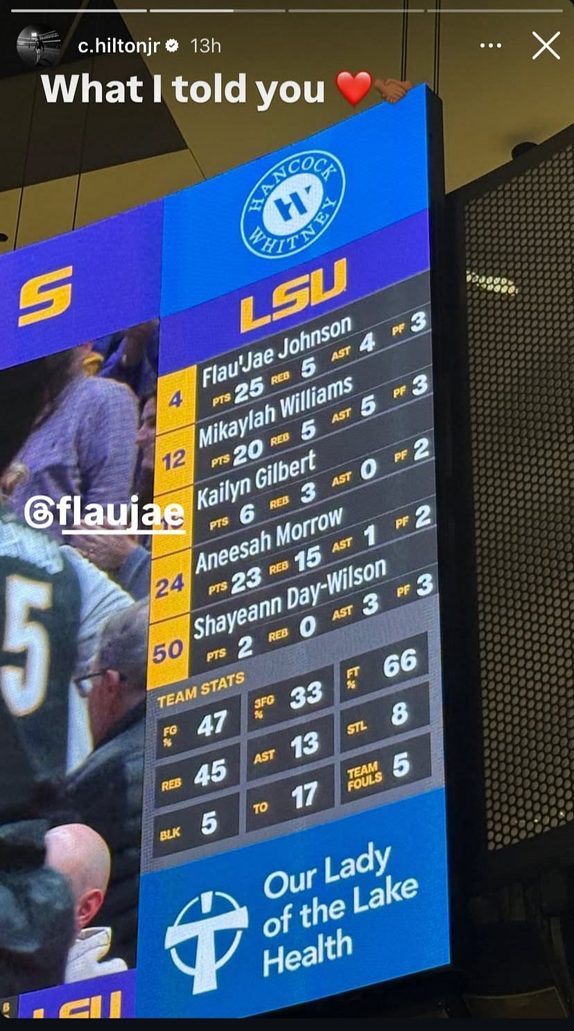 Chris Hilton Jr. reacts to Flau&#039;jae Johnson&#039;s 25 points vs. Vanderbilt (Image credit: Instagram/c.hiltonjr)