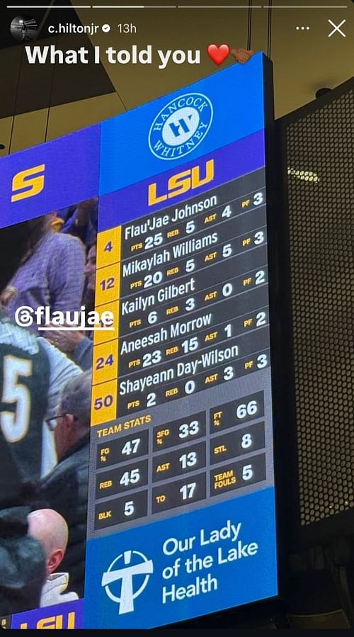 Chris Hilton Jr. reacts to Flau'jae Johnson's 25 points vs. Vanderbilt (Image credit: Instagram/c.hiltonjr)