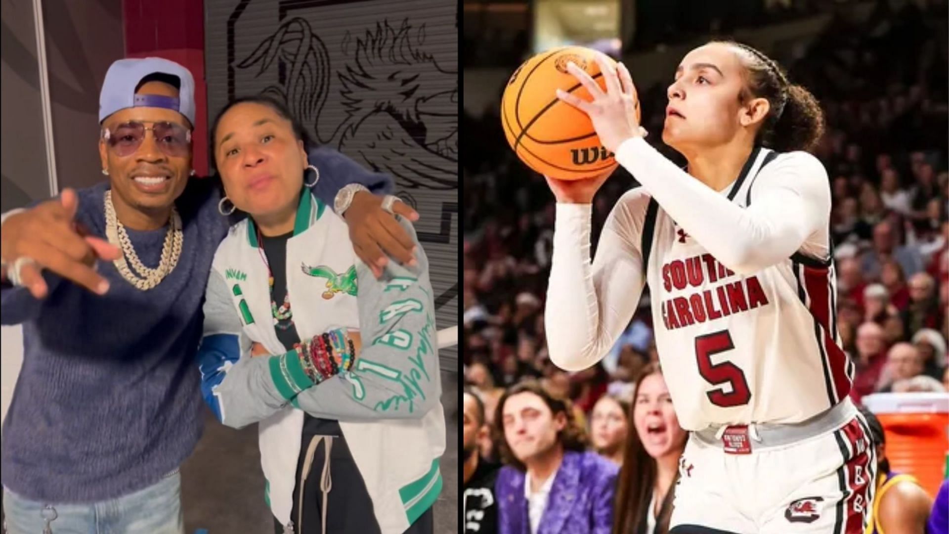 American rapper Plies with South Carolina coach Dawn Staley (left) and Gamecocks guard Tessa Johnson (right) (Image Source: @plies/Instagram and IMAGN)