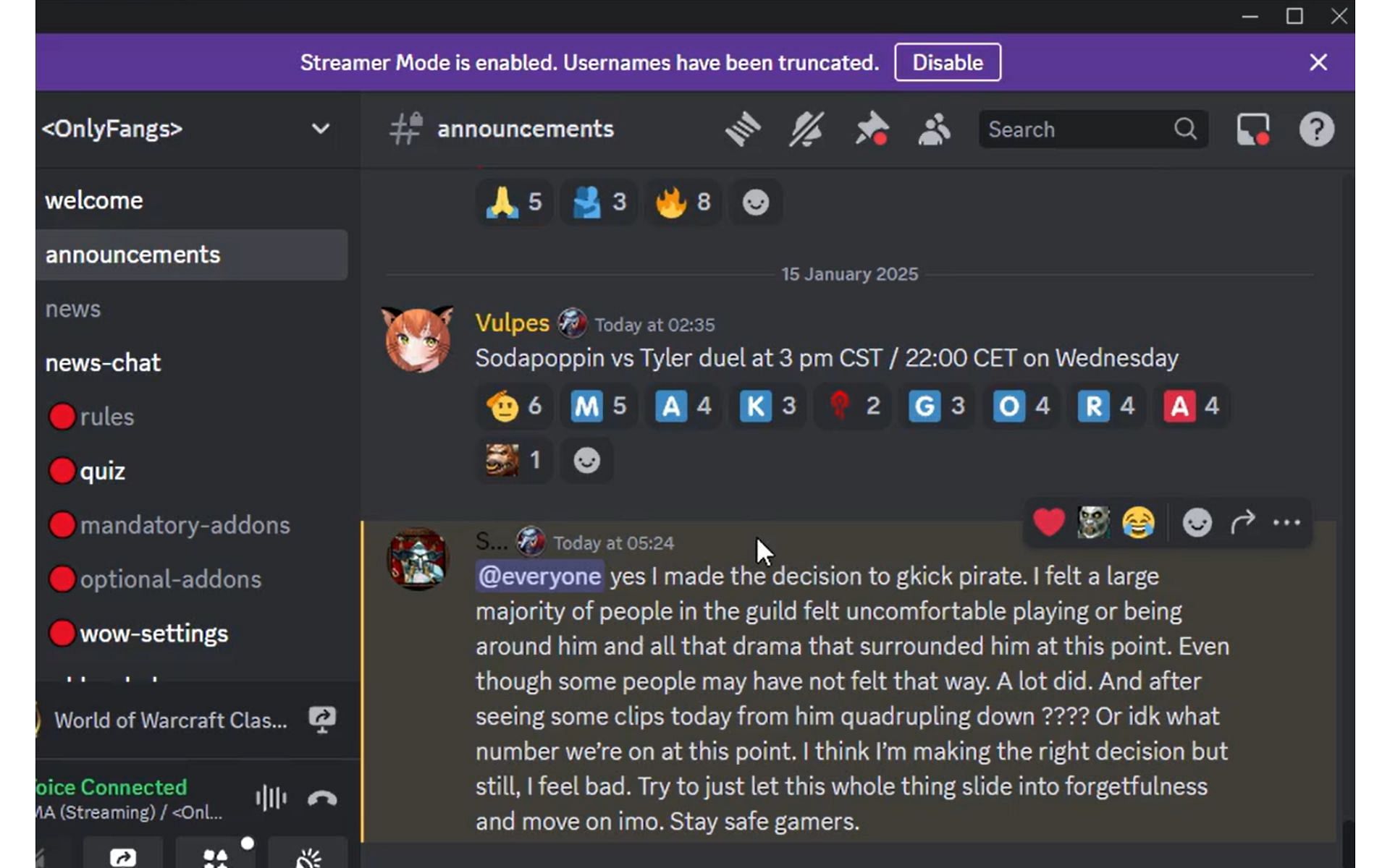 Sodapoppin&#039;s Discord message, in which he explained why Jason was kicked out of the OnlyFangs guild (Image via Ziqoftw/Twitch)