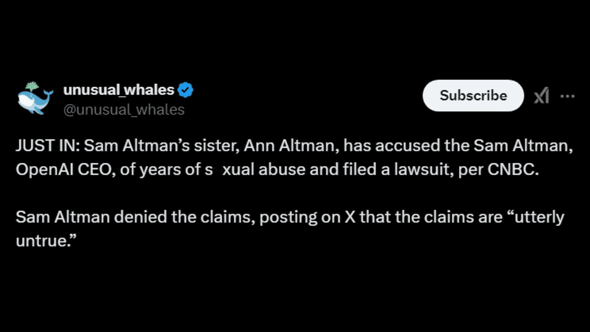 A netizen posts about Ann Altman&#039;s accusations. (Image via X/@unusual_whales)