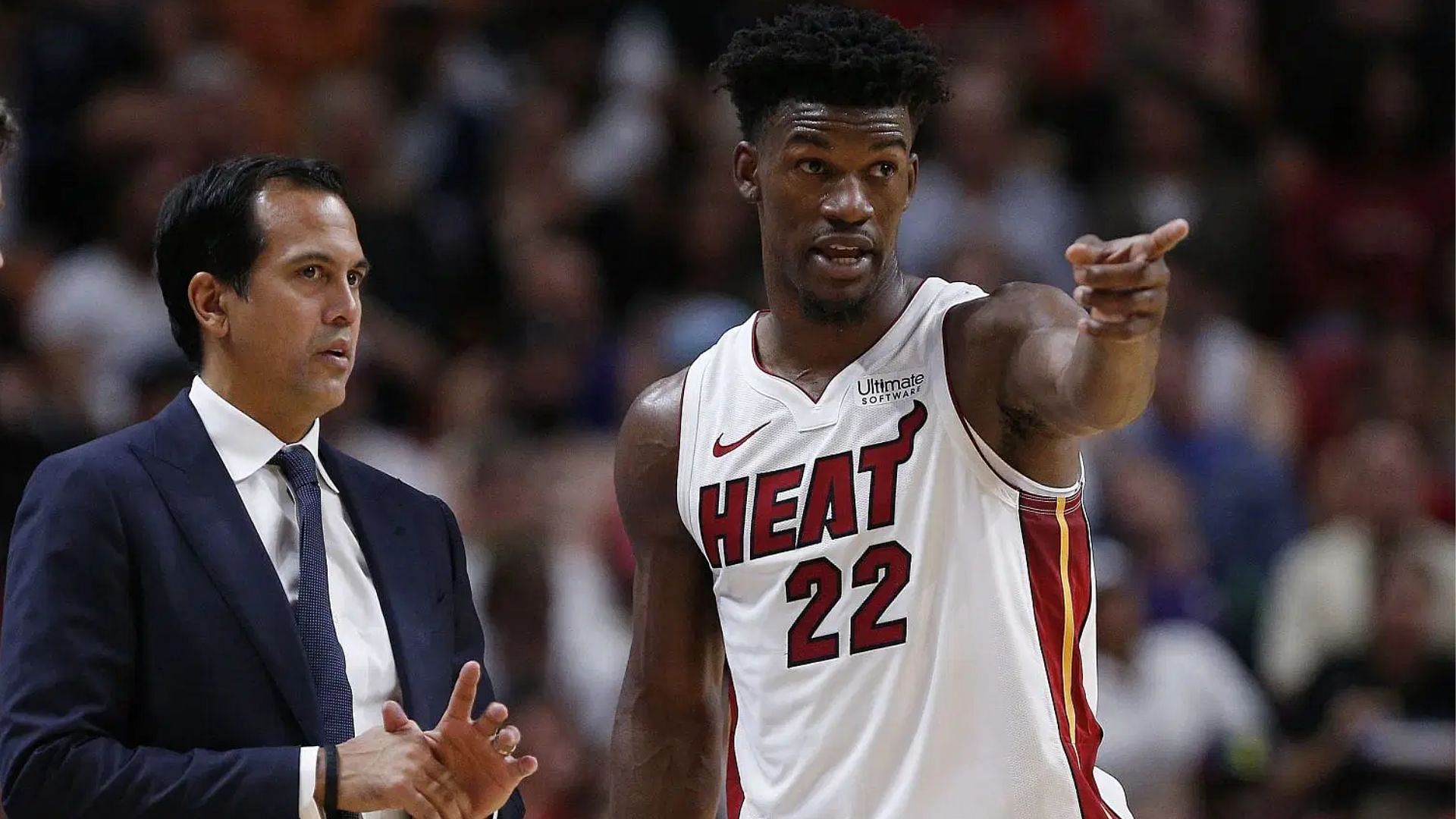 Erik Spoelstra dodges Jimmy Butler questions amid growing team chaos. (Photo: GETTY)