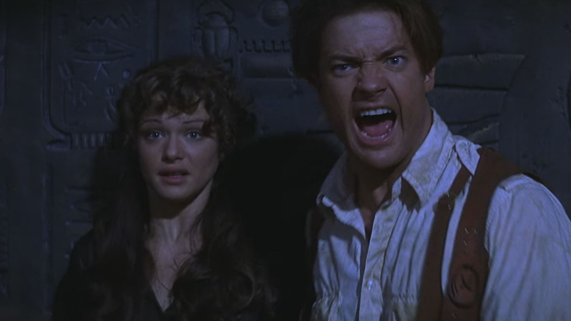 Brendan Fraser, in a still from the movie, confronts an evil mummy (Image via Netflix)