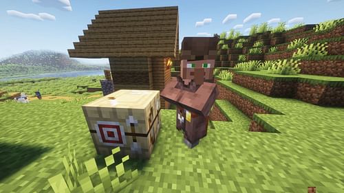 An unemployed village will turn into a fletcher when provided with a fletching table (Image via Mojang Studios)