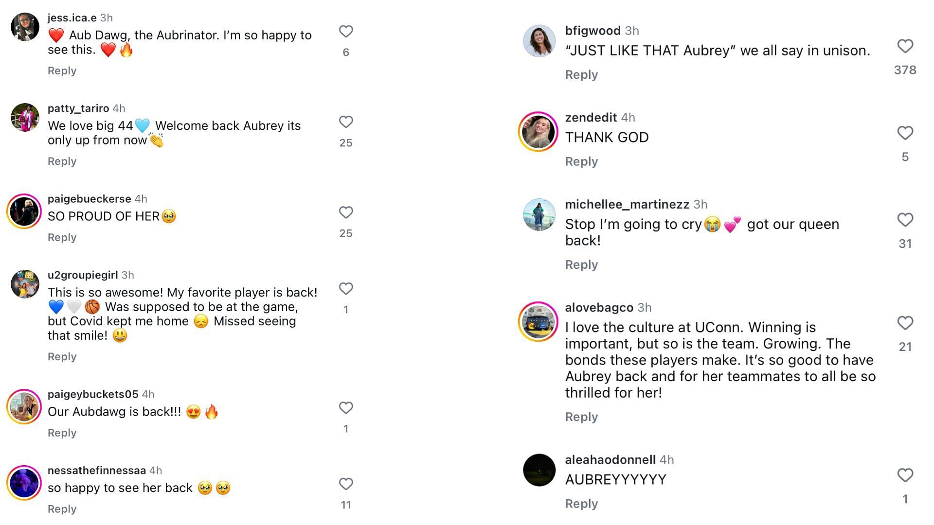 Fans react to Instagram post about Aubrey Griffin&#039;s return from injury (Source: Instagram/uconnwbb)