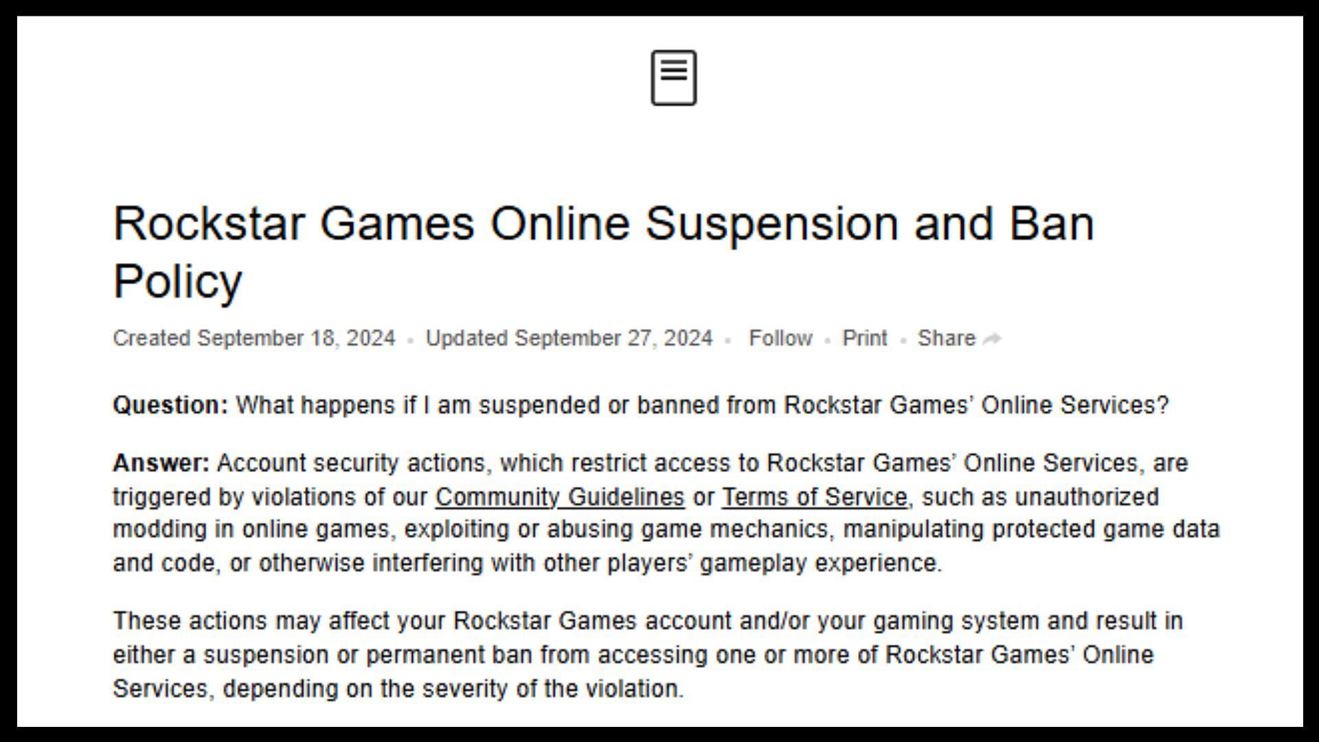 Rockstar&#039;s policy on suspensions and bans (Image via Rockstar Games)