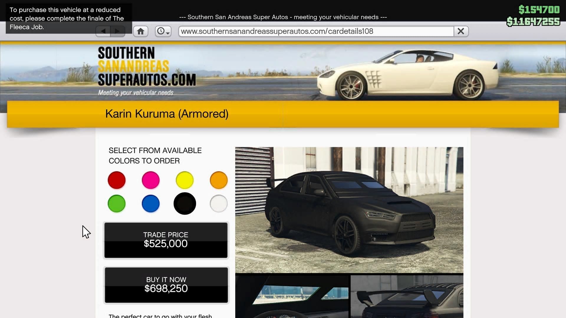 Armored Kuruma's page on Southern San Andreas Super Autos (Image via Rockstar Games)