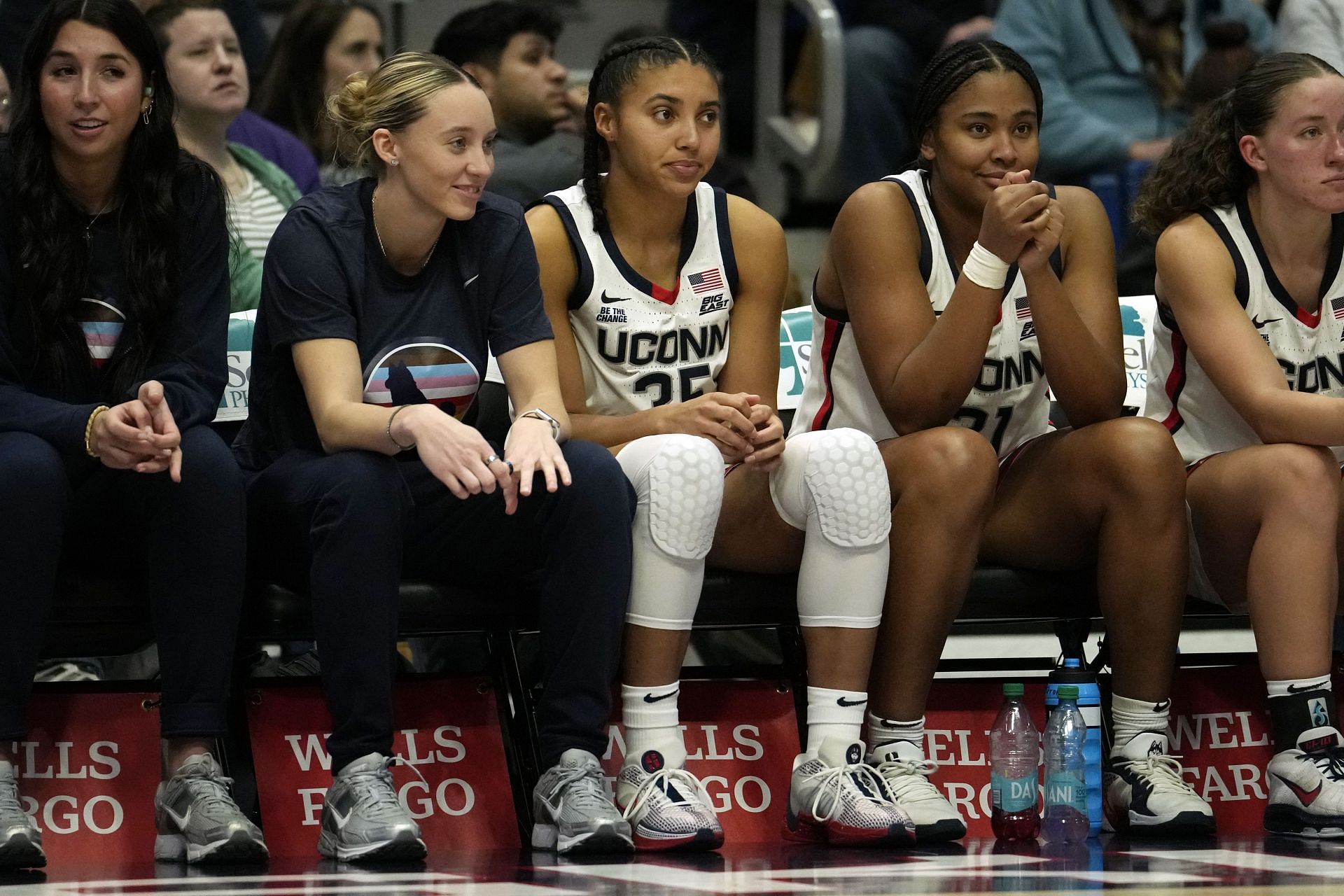 Paige Bueckers (#5), Azzi Fudd (#35) and Sarah Strong (#21) of the UConn Huskies watch their teammates play against the Xavier Musketeers during the second half at the XL Center on January 8, 2025 in Hartford, Connecticut. Photo: Getty