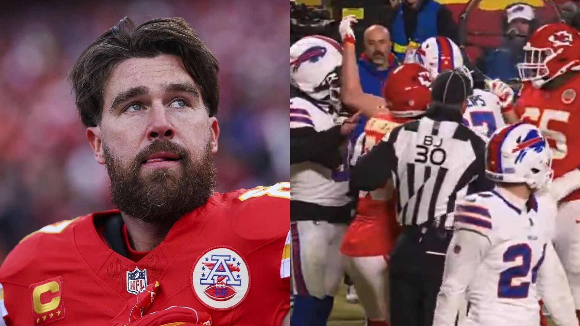 Travis Kelce attempts a flop during AFCCG - images vis Getty (left) and CBS (right)