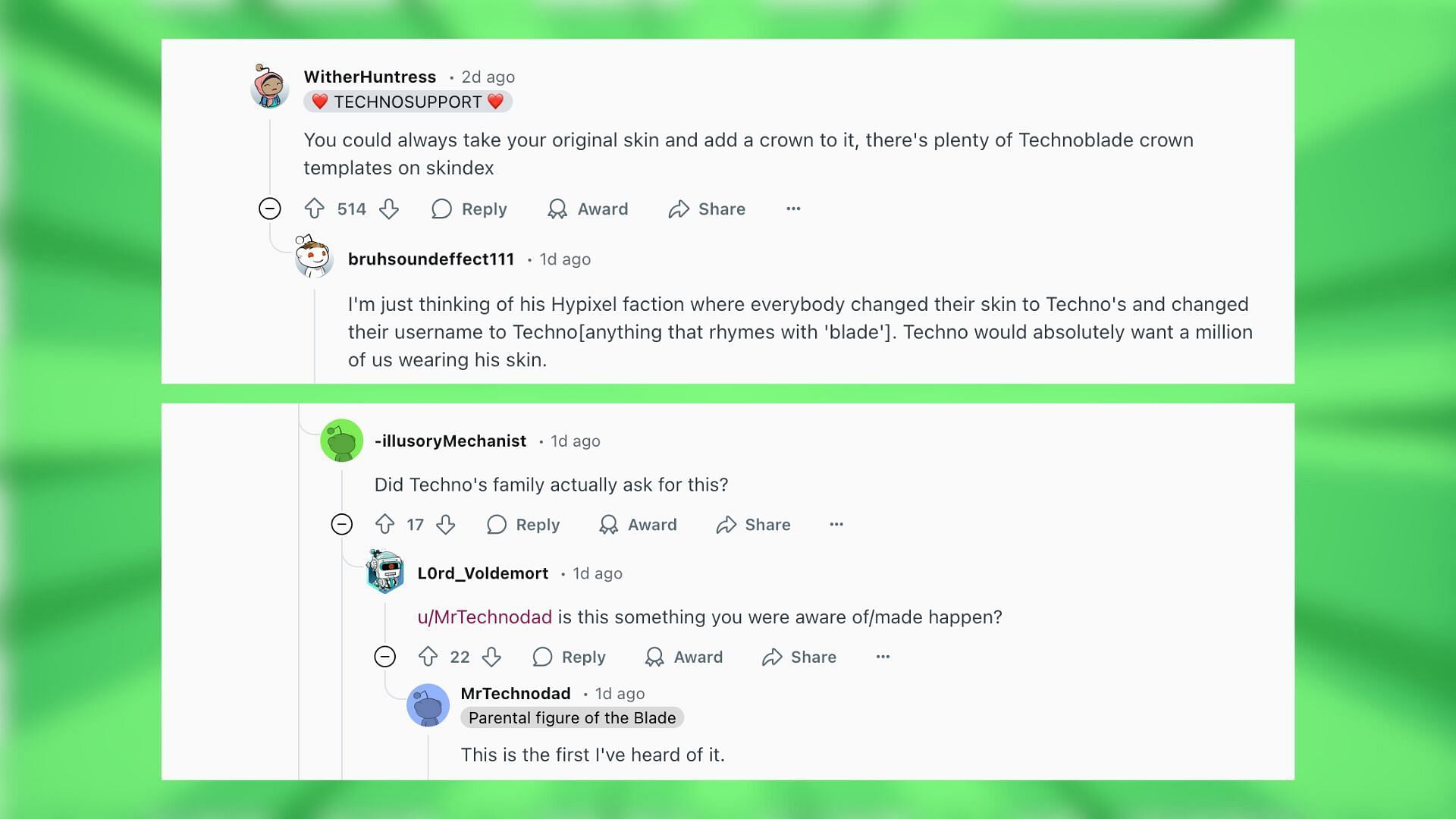 Redditors react to the problem with using Technoblade skin (Image via Reddit)