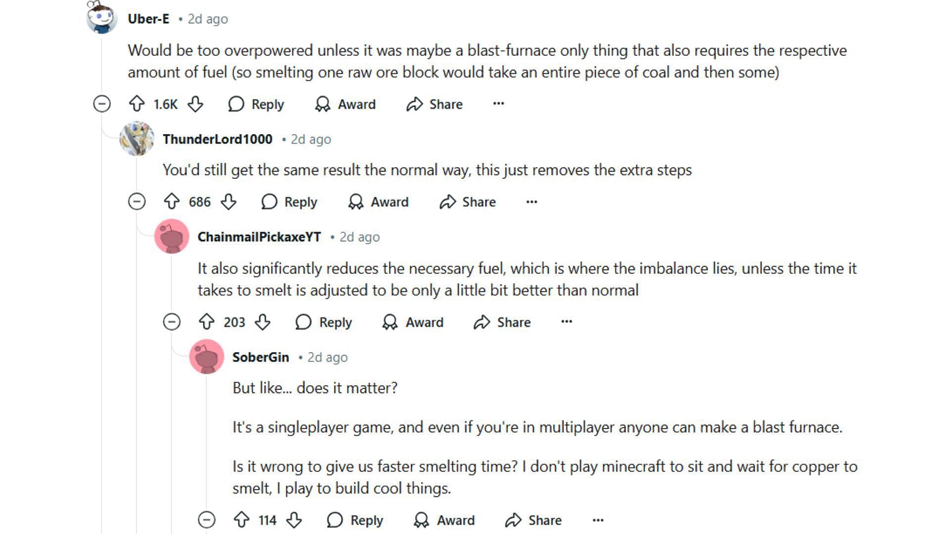 Reddit users discuss if smeltable raw ores will be overpowered (Image via Reddit/u/LeTrueBoi781222)