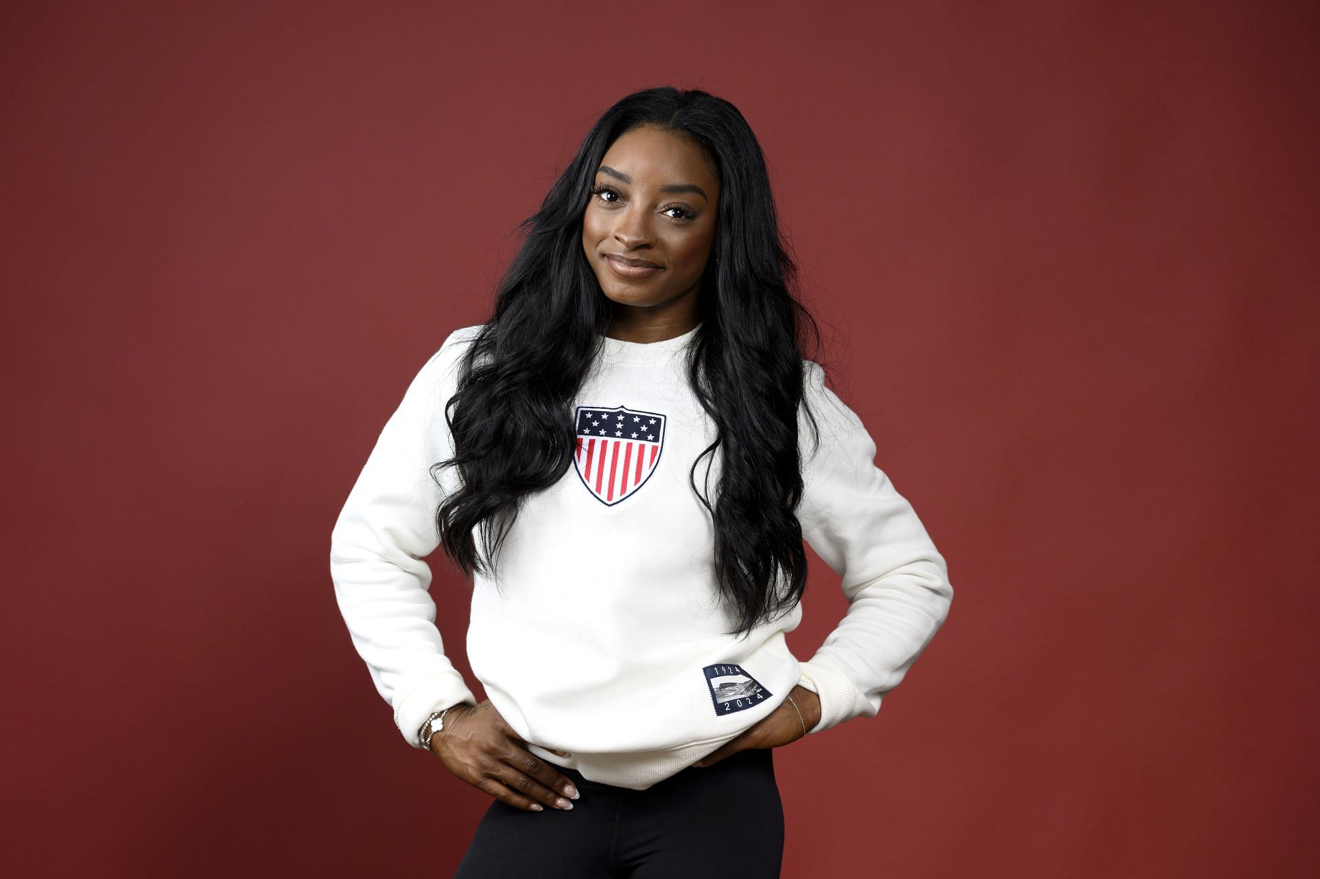 Simone Biles of Team United States poses on the Today Show Set in Paris, France. (Photo by Getty Images)