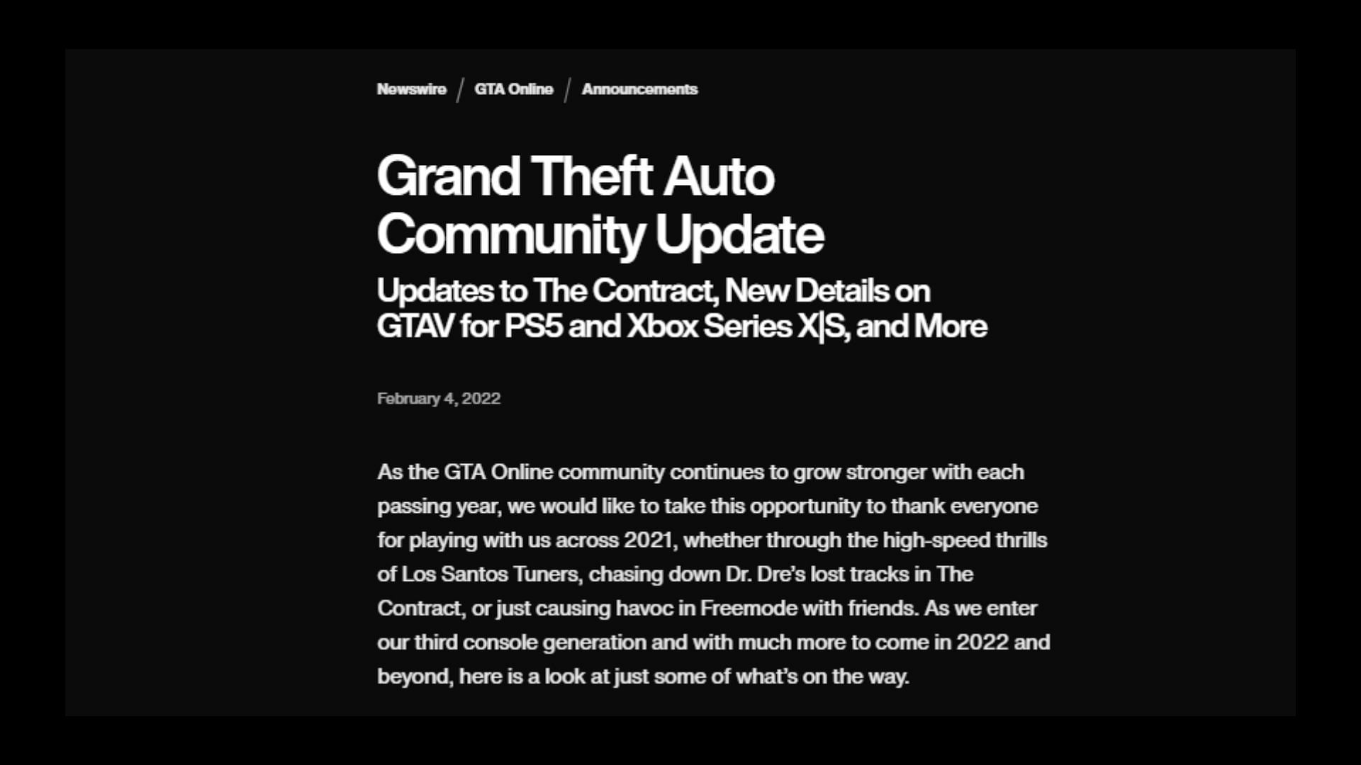 Community update from February 2022 (Image via Rockstar Games)