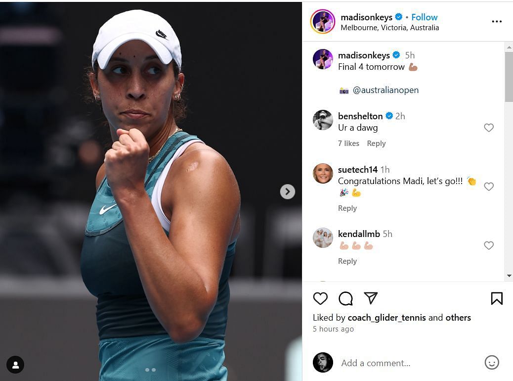 Screengrab of Ben Shelton&#039;s and other comments on Madison Keys Instagram (post) (@madisonkeys)