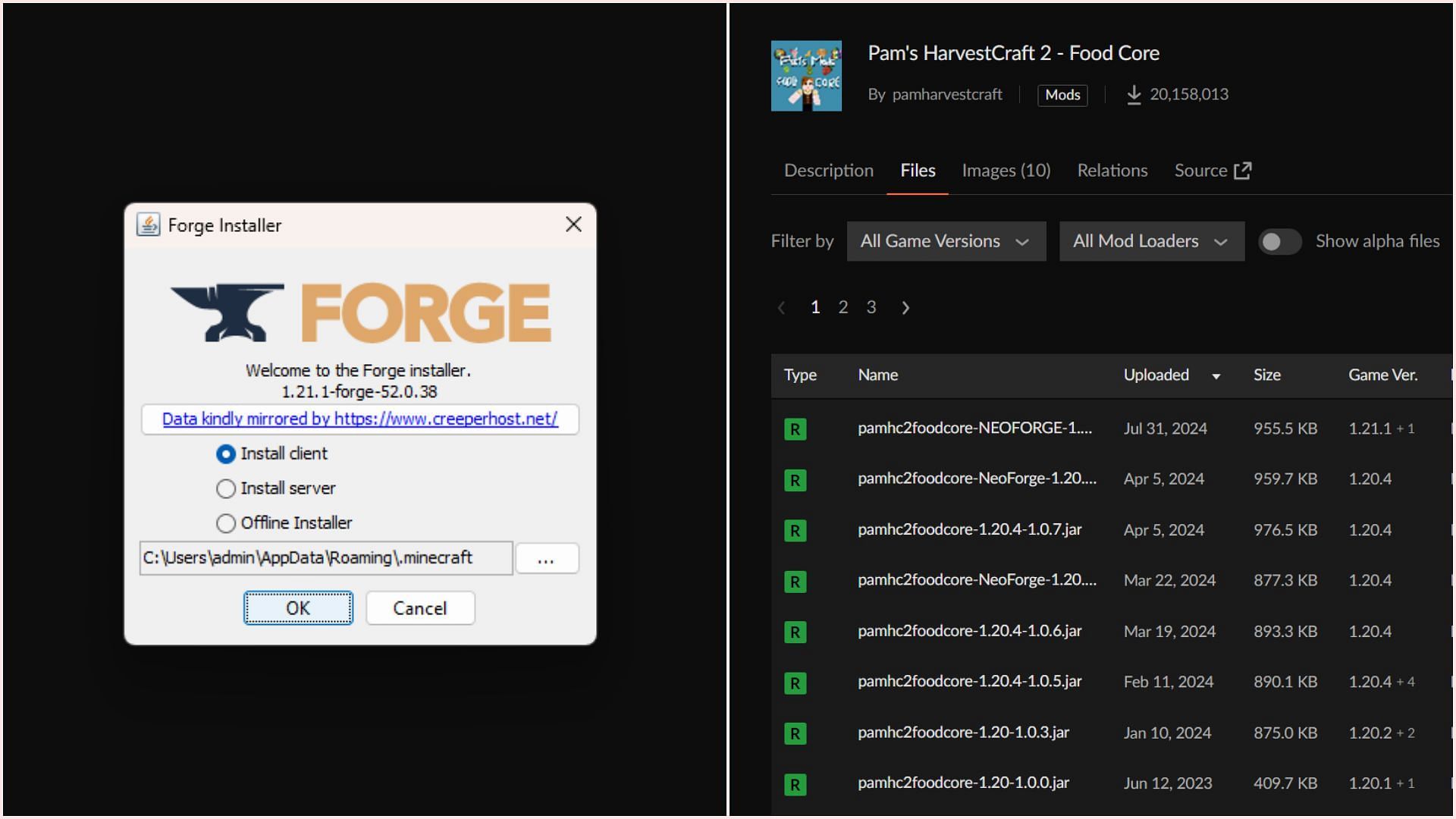 Installing Pam&#039;s HarvestCraft mods (Image via Forge || CurseForge)